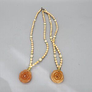 Vintage 36" Beaded Stone Necklace Rose Carved Pendant Boho Jewelry